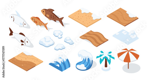 Isometric beach elements with fish and palm tree