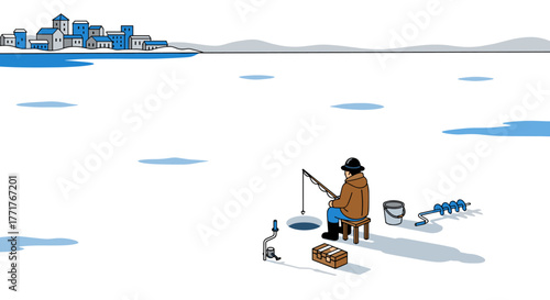 Winter ice fishing scene with minimalist style and tranquil snowy landscape