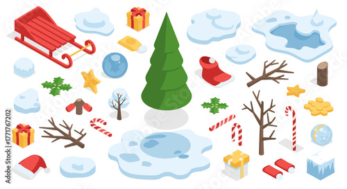 Christmas winter isometric set with sled, gifts, trees, and candy canes