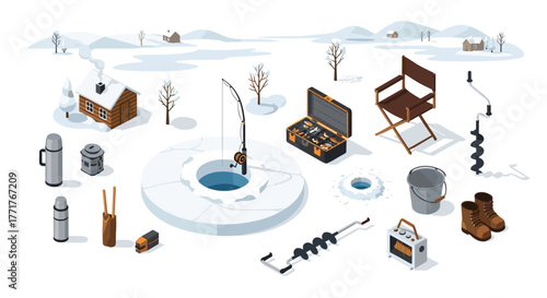 Winter ice fishing scene with gear and snowy landscape