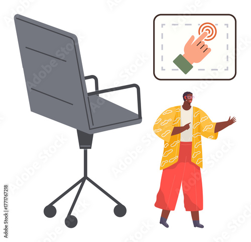 Large office chair, person in colorful attire gesturing, and hand selecting touchscreen button. Ideal for workspace, digital interaction, creativity, communication, design, ergonomics simple flat