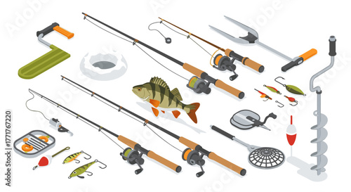 Isometric fishing gear and equipment collection with rods and fish