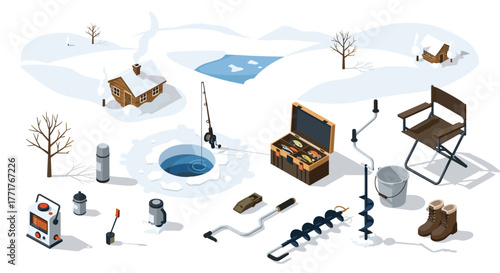 Winter ice fishing equipment and scene with snowy landscape and gear