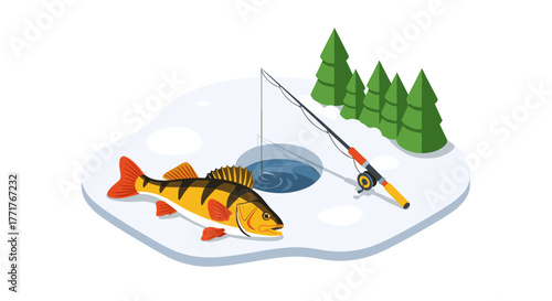 Isometric ice fishing scene with perch and fishing rod on frozen lake