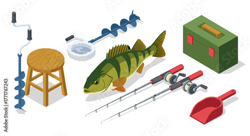 Ice fishing equipment with fish and auger in isometric style
