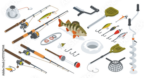 Isometric fishing equipment icons tackle, rods, and accessories collection
