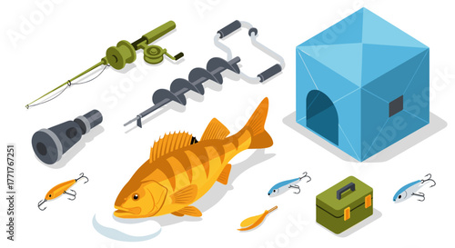 Ice fishing gear and equipment in isometric style for winter outdoor activities