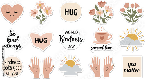 Collection of positive and motivational stickers celebrating kindness, love, and good vibes for spreading positivity and encouragement