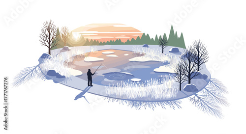 Winter fishing scene at sunrise with frozen lake and trees in minimalist style