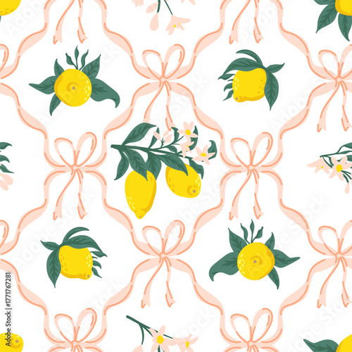 Summer tropical seamless pattern lemons, preppy coquette bow. citrus exotic fruits background