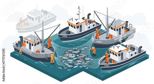 Fishing boats with crew catching fish in the sea using nets in isometric style
