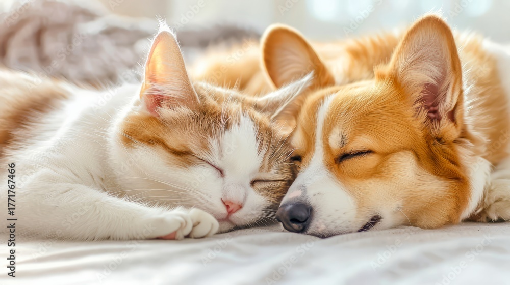 Obraz premium Domestic cat and corgi dog peacefully sleeping together on a cozy bed, showcasing their friendship and warmth in a serene indoor environment with soft lighting