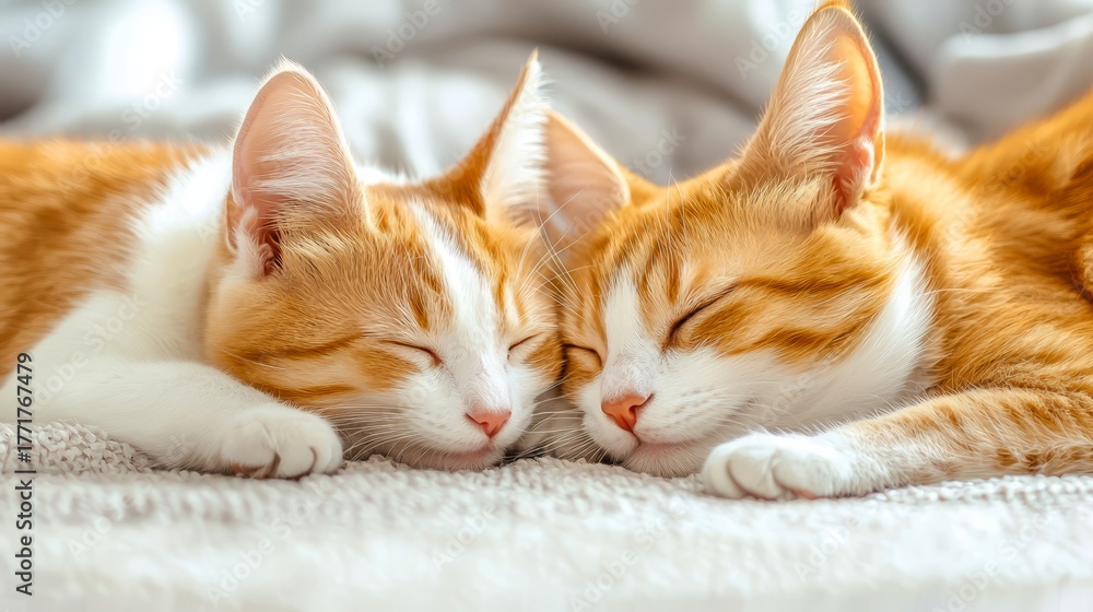 Fototapeta premium Two adorable ginger kittens peacefully sleeping side by side on a soft blanket, showcasing their fluffy fur and serene expressions in a cozy indoor environment