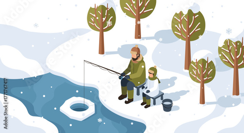 Winter ice fishing in snowy forest scene father and child adventure