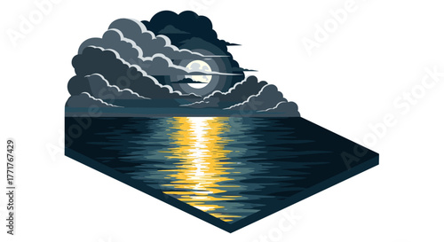 Moonlit ocean with dramatic clouds reflecting light in geometric design