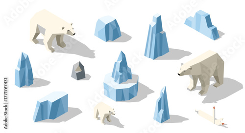 Isometric polar bears and icebergs in minimalist arctic scene