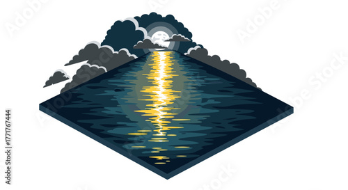 Moonlit sea reflection with clouds in dark night sky