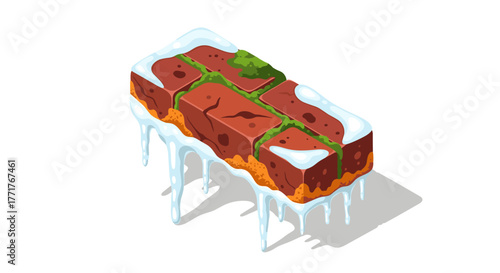 Isometric melting ice cream brick with green moss accents on white background