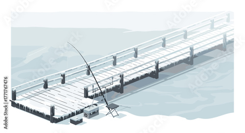 Winter pier fishing scene with snowcovered dock and calm water in minimalist style
