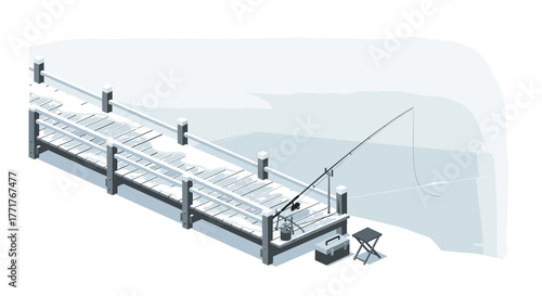 Winter pier fishing scene with equipment in minimal snowy landscape