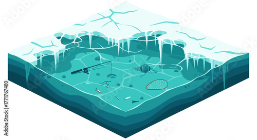 Isometric ice fishing scene with equipment and frozen landscape