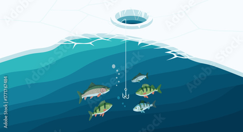 Winter ice fishing underwater view of fish gathering around hook