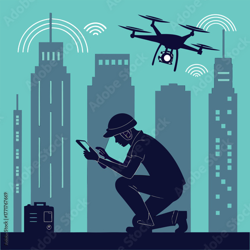 Silhouette of a humanoid robot repairing a flying drone under city lights