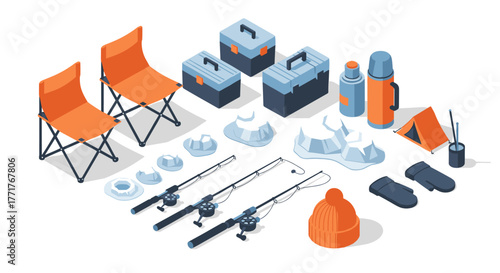 Isometric winter fishing gear set with camping equipment and accessories