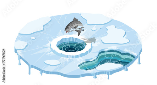 Winter ice fishing scene with fish jumping from frozen lake