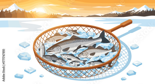 Sunset ice fishing scene with fish in basket by frozen lake