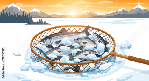 Ice fishing scene freshly caught fish in a net on a frozen lake at sunrise