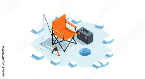 Isometric ice fishing gear on frozen lake with hole and rod