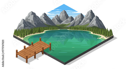 Isometric mountain lake scene with wooden pier and pine forest