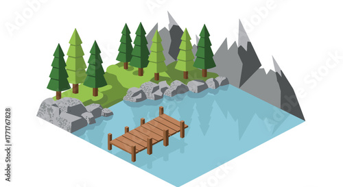 Isometric forest landscape with mountains and lake featuring wooden pier