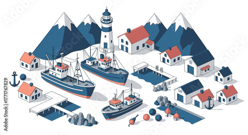 Isometric coastal village with lighthouse and fishing boats