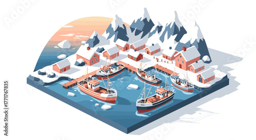 Isometric winter fishing village scene with boats and mountains