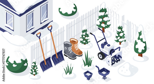 Winter snow removal in a snowcovered suburban backyard scene