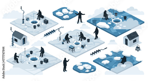 Ice fishing activities in winter landscapes with isometric design