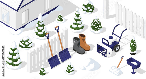 Winter yard maintenance snow shoveling tools and equipment in isometric design