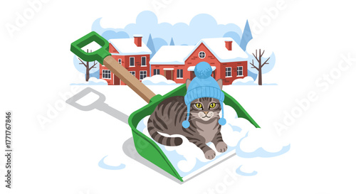 Cute cat in winter hat relaxing in snowy yard with red brick houses