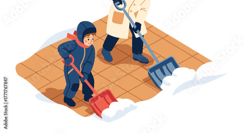 Isometric winter shoveling scene with two people clearing snow on a tile path