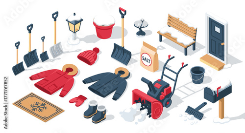 Winter preparedness essentials in isometric art for snowy days