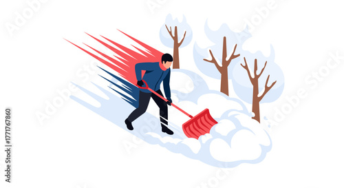 Man shoveling snow in winter landscape with bare trees