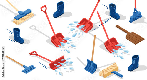 Isometric winter cleanup tools pattern with shovels, brooms, and boots