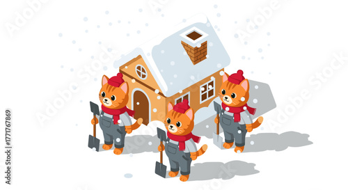 Playful kittens shoveling snow beside winter cottage in isometric style