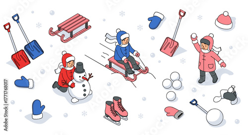 Winter fun activities with kids playing in snow isometric design
