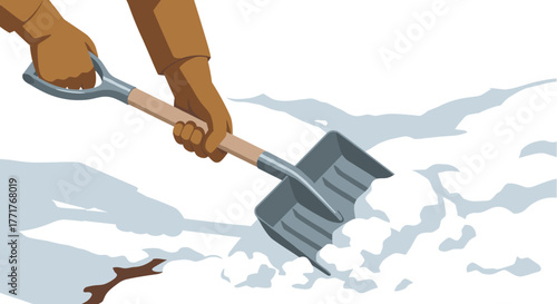 Shoveling snow with a metal shovel in winter scene