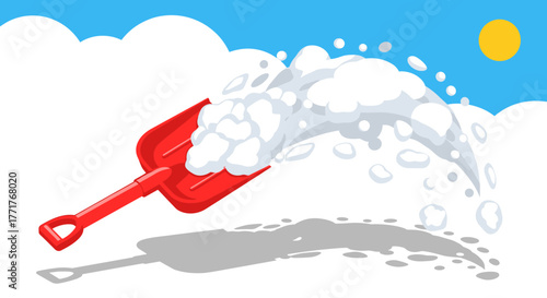 Red snow shovel tossing snow on a sunny day with blue sky background