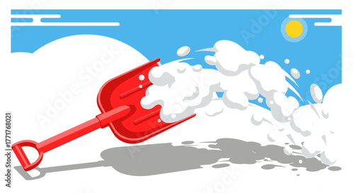 Red snow shovel with snowflakes under sunny winter sky in cartoon style