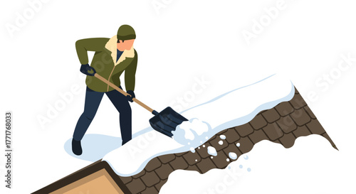 Man in winter gear shoveling snow off roof